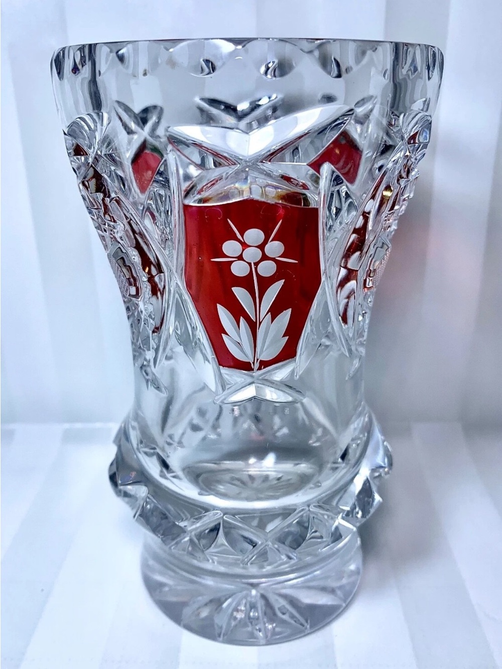 Bohemian 24% Lead Red Cut To Clear Crystal Vase Floral & Geometric Star Designs